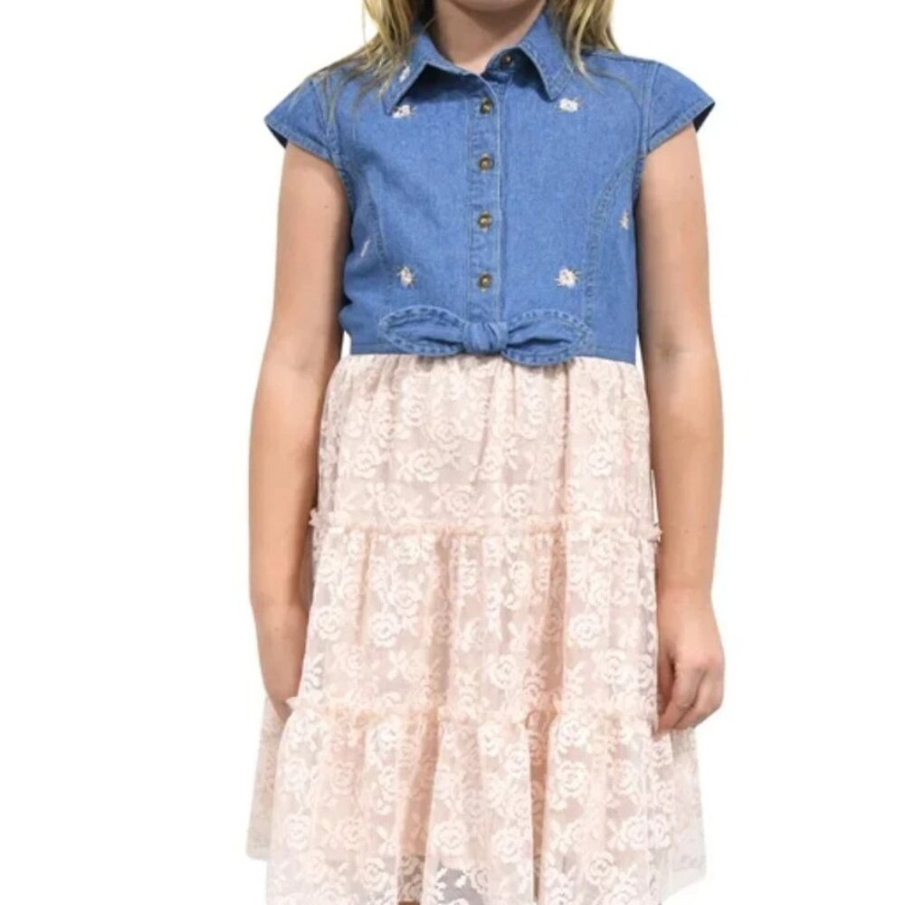 Zunie Girls Size XS 5/6 Pink Lace Skirt Embroidered Denim Dress NWT